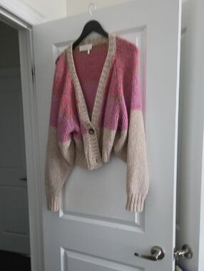 Colorblock Pink and Beige V-Neck Women's Cardigan